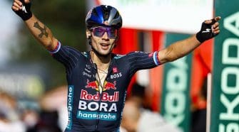 After winning stages 4 and 8 at La Vuelta, Primož Roglič celebrates his third stage win in this year's Vuelta with today's success.