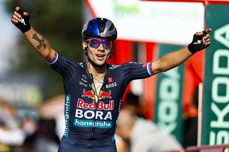 After winning stages 4 and 8 at La Vuelta, Primož Roglič celebrates his third stage win in this year's Vuelta with today's success.