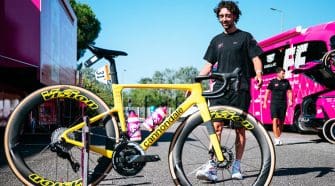 Explore the custom Ben Healy Tour de France bike build featuring a yellow LAB71 SuperSix EVO frame designed for performance.