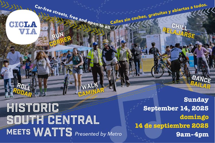Join us for CicLAvia Historic South Central on September 14, 2025. Experience 6.25 miles of car-free streets in Los Angeles.