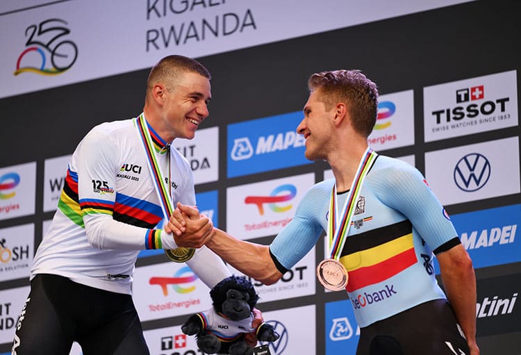 Watch Remco Evenepoel's historic ride at the World Championships Time Trial, securing gold against tough competitors.