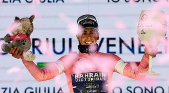 Bianchi celebrates Afonso Eulálio's remarkable performance and his victory and the Maglia Rosa after stage five of the 2026 Giro d’Italia.